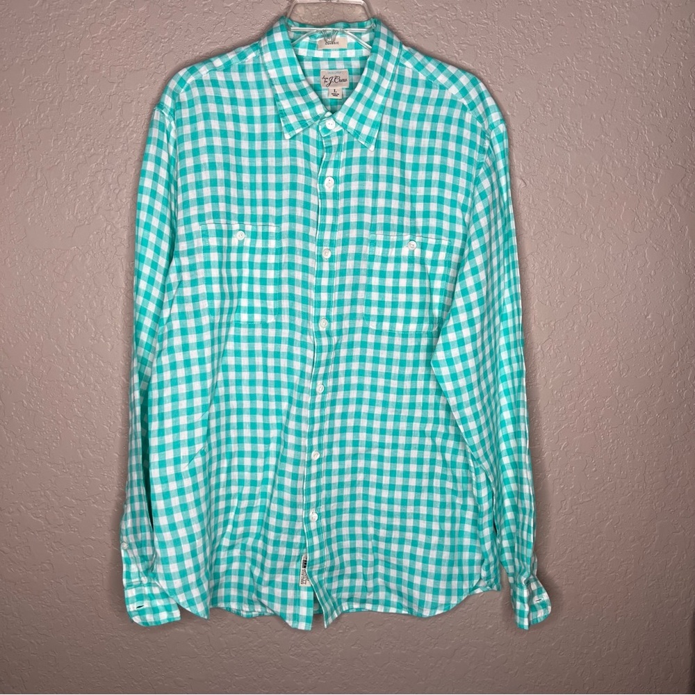 J. Crew Baird McNutt Irish Linen Green Two Pocket Button Long Sleeve Shirt Sz L